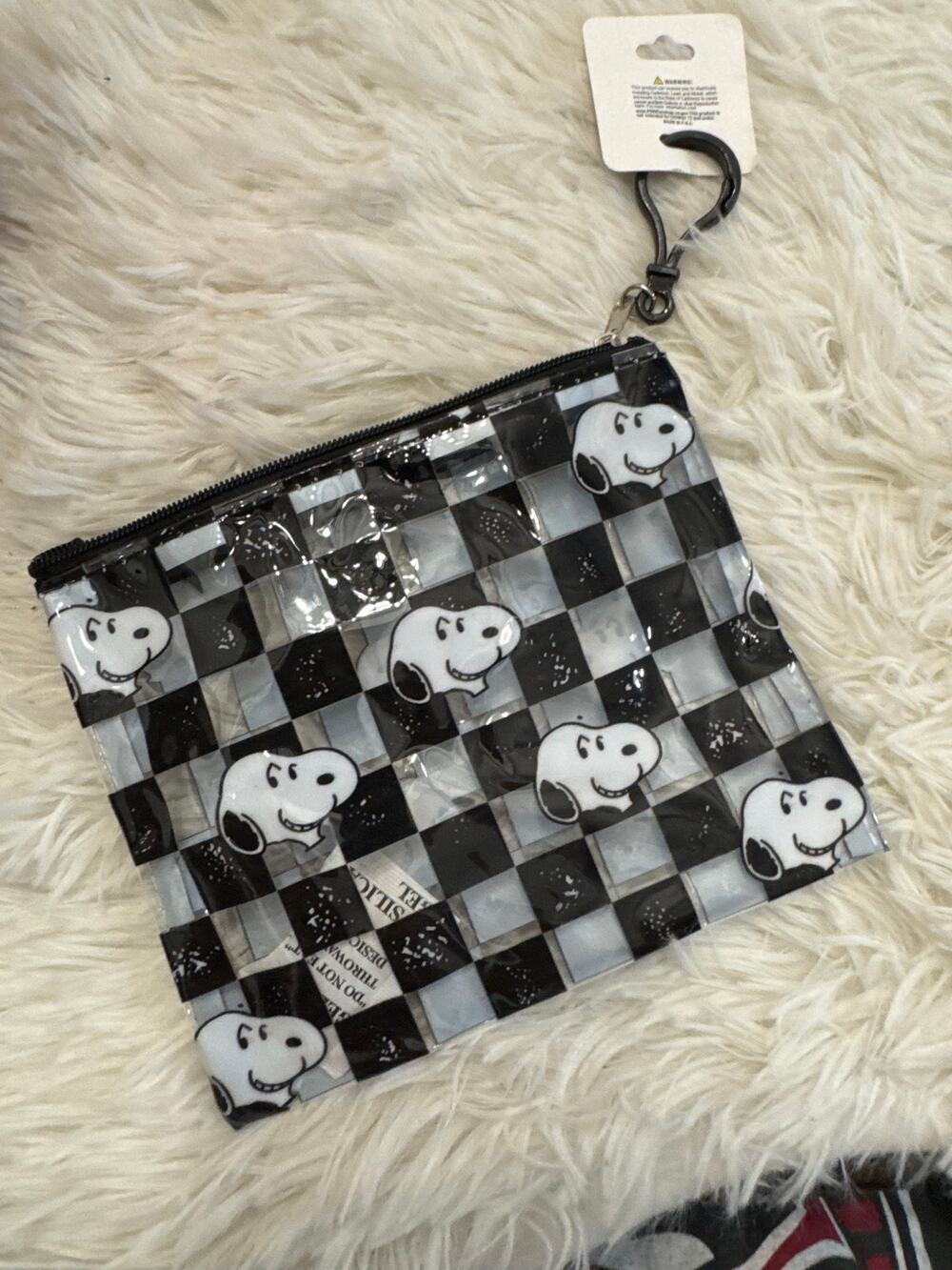 Peanuts Snoopy black and white checkered clear pouch keychain with Snoopy faces